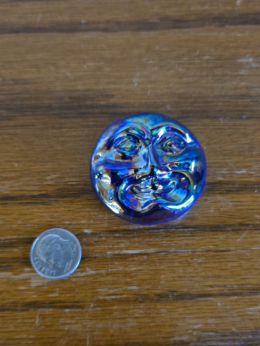 Iridescent Glass Moon Face Paperweight